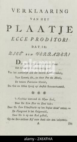 Erklärung des Zeichentrickfilms auf Rijklof Michael van Goens, 1784, Erklärung des Bildes Ecce Proditor! Das heißt: Seht den Verräter! (Titel über Objekt), Textblatt mit einer Erklärung des Zeichentrickfilms über den Orang Rijklof Michael van Goens, der als Verräter des Landes am Rad verurteilt wurde, 1784. Gefaltetes Blatt mit einem Scheinvers in neun Strophen auf vier Seiten. Textblatt, anonym, Nordholland, 1784, Papier, Buchdruck, Höhe, 215 mm x Breite, 132 mm Stockfoto