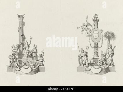 Zwei allegorische Tischdekorationen, 1786, Tischdekorationen beim Alliance Meal in Amsterdam, 1786 (Serientitel), Blatt mit zwei allegorischen Tischdekorationen (milieu de table), die bei der festlichen Mahlzeit am 27. Januar 1786 in Amsterdam zur Feier der Allianz mit Frankreich verwendet wurden. Links „Dutch Growth and Blossom“: Die niederländische Jungfrau sitzt vor einer Säule, umgeben von allegorischen Figuren. Rechts "Frankreichs Wohlstand": Eine Spalte mit dem französischen Wappen umgeben von allegorischen Figuren., Druck, Druckerei: Reinier Vinkeles (I), (zugeschrieben), nach Zeichnung von: Jacobus Buys, (zugeschrieben Stockfoto