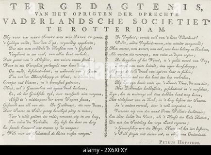 Textblatt mit dem Druck mit der Allegorie zur Gründung der Oprechte Vaderlandsche Sociëteit in Rotterdam, 1787, zum Gedenken an die Gründung der Oprechte Vaderlandsche Societeit in Rotterdam (Titel zum Objekt), Textblatt mit einer Erläuterung des Druckes mit der Allegorie zur Gründung der Oprechte Vaderlandsche Sociëteit in Rotterdam, 7. oder 18. Januar 1787. Erläuterung der Darstellung in Vers in zwei Spalten., Textblatt, Petrus Hofstede, (auf dem Objekt erwähnt), 1787, Papier, Buchdruck, Höhe, 195 mm x Breite, 286 mm Stockfoto