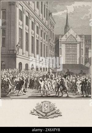 Beifall von Hendrik Danielsz. Hooft am Dam Square, 1787, Veranstaltungen rund um Hendrik Danielsz. Hooft in Amsterdam am 26. Februar 1787 (Serientitel), der Amsterdamer Bürgermeister Hendrik Danielsz. Hooft wird von der Öffentlichkeit in seinem Wagen am Dam Square am 26. Februar 1787 applaudiert. Hoofts Wappen ist im Rand., Druck, Druckerei: Willem Kok, nach eigenem Entwurf von: Willem Kok, (auf dem Objekt erwähnt), Amsterdam, 1787, Papier, Ätzen, Gravieren, Höhe, 241 mm x Breite, 189 mm Stockfoto