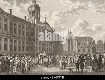 Beifall von Hendrik Danielsz. Hooft am Dam Square, 1787, Amsterdamer Bürgermeister Hendrik Danielsz. Hooft wird von der Öffentlichkeit in seiner Kutsche auf dem Dam-Platz begrüßt, 26. Februar 1787., Druck, Druckerei: Noach van der Meer (II), nach eigenem Entwurf von: Noach van der Meer (II), Amsterdam, 1787, Papier, Ätzen, Gravur, Höhe, 265 mm x Breite, 316 mm Stockfoto