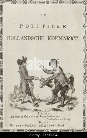 Titelseite für: Johannes le Francq van Berkhey, der politische niederländische Kuhmarkt, 1787, Titelseite für: Johannes le Francq van Berkhey, der politische niederländische Kuhmarkt, 1787. Ein französischer Spion kauft die niederländische Kuh von einem altmodischen niederländischen Bauern von Hand. Unter dem Bild befinden sich einige Textzeilen. Ganz in Kanten von Verrundungen., Druck, Druckerei: Anonym, nach Zeichnung von: Johannes le Francq van Berkhey, (zugeschrieben), Druckerei: Nord-Niederlande, nach Zeichnung von: Leiden, 1787, Papier, Ätzen, Gravur, Buchdruck, Höhe, 220 mm x Breite, 137 mm Stockfoto