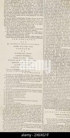 Utrechtse Courant vom 17. Mai 1787, Utrechtse Courant. Donnerstag, 17. Mai. Ao. 1787.Nr. 7 (Titel auf Objekt), Folge Nr. 7 des Sonderordinaire Utrechtse Courant vom 17. Mai 1787 mit einem Bericht über die Beerdigung von Cornelis Govert Visscher (getötet in der Schlacht von Vreeswijk am 9. Mai 1787) in Utrecht. Seite mit schwarzen Trauerrändern bedruckt, Text in zwei Spalten, oben das Stadtwappen von Utrecht., Verlag: Anonym, Utrecht, 17. Mai 1787, Papier, Buchdruck, Höhe, 429 mm x Breite, 255 mm Stockfoto