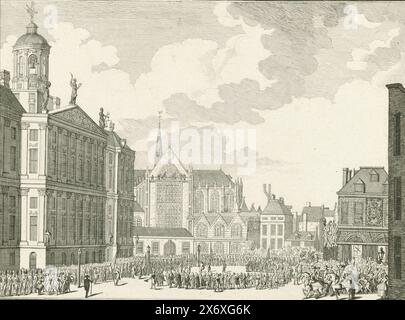 Ernennung zweier neuer Bürgermeister in Amsterdam, 1787, feierliche Zeremonie für ein großes Publikum auf dem Damplatz vor dem Rathaus zur Wahl zweier neuer Bürgermeister in Amsterdam, 7. Juli 1787., Druck, Druckerei: Willem Kok, nach eigenem Entwurf von: Willem Kok, Nordholland, 1787, Papier, Ätzen, Gravur, Höhe, 209 mm x Breite, 237 mm Stockfoto