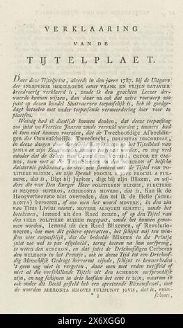 Erklärung des Titeldruckes: De Batavian Humanity, 1801–1804, Textblatt mit einer Erklärung der orangenistischen allegorischen Darstellung, in der ein Batavier wie Herkules das Ungeheuer in die Hölle jagt. Beidseitig bedruckte Seite. Verwendung in Arbeiten von Johannes le Francq van Berkhey von 1801-1804., Textblatt, Johannes le Francq van Berkhey, Nordholland, 1787 und/oder 1801-1804, Papier, Buchdruck, Höhe, 225 mm x Breite, 124 mm Stockfoto