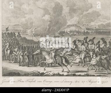 Prinz Willem George Frederik in der Schlacht von Lannoy, 1793, Kampf von Prinz Frederik von Orange, um Lannoy, 27. August 1793 (Titel zum Objekt), Willem George Frederik, Prinz von Orange-Nassau, führt die niederländischen Truppen gegen die Franzosen in der Schlacht von Lannoy, 27. August 1793., Druck, Druckerei: Cornelis Brouwer, (auf Objekt erwähnt), nach Zeichnung von: Cornelis Groeneveld, (auf Objekt erwähnt), Nordholland, 1802, Papier, Ätzen, Gravieren, Höhe, 203 mm x Breite, 235 mm Stockfoto