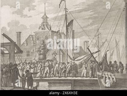 Ankunft des verwundeten Prinzen Willem George Frederik in Rotterdam, 1793, Ankunft von H.D.H. Willem George Fredrik von Orange, in Rotterdam, nach seiner Verletzung, 15. September 1793 (Titel über Objekt), Ankunft von Willem George Frederik, Prinz von Orange-Nassau, in Rotterdam am 15. September nach seiner Verwundung am 13. September, 1793 während der Schlacht von Wervik. Der Prinz geht über den Steg, wo es viele Leute gibt, mit dem Haupttor im Hintergrund., Druck, Druckerei: Cornelis Brouwer, (auf dem Objekt erwähnt), nach Zeichnung von: Cornelis Groeneveld, (auf dem Objekt erwähnt), Nordholland Stockfoto