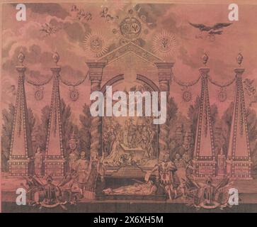 Allegorie zu Ehren des Königs von Preußen für seine Wiederherstellung der Stattholatur von Wilhelm V., 1788, an die Erlöser der Vereinigten Niederlande, König Friedrich Wilhelm II. Von Preußen, Kurfürst von Brandenburg, Herzog Charles Willem Ferdinand (...) (Titel zum Objekt), Allegorie zu Ehren des Königs von Preußen für seine Wiedererlangung des Gouvernements Wilhelm V., 1788. Ehrenbogen mit Prinz Wilhelm V. und Prinzessin Wilhelmina vor einem Denkmal, rechts der König von Preußen und der Herzog von Braunschweig. Am unteren Ende Prinz Wilhelm I. in seinem Grab. Obelisken auf beiden Seiten zu Ehren Wilhelms II Stockfoto