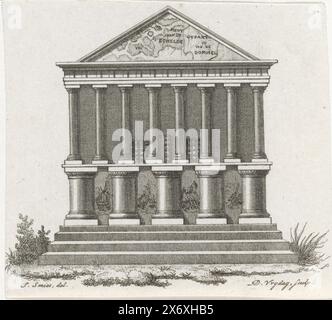 Titelvignette, 1802, Patriots Titelvignette auf einer Titelseite von 1802. Fassade eines Tempels, im Tympanon eine Karte von Zeeland und der Schelde., Druck, Druckerei: Daniël Vrijdag, (auf dem Objekt erwähnt), nach Zeichnung von: Cornelis van Cuylenburgh (II), (auf dem Objekt erwähnt), Niederlande, 1802, Papier, Ätzen, Gravieren, Höhe, 86 mm x Breite, 96 mm Stockfoto