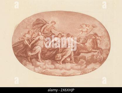 Aurora führt Apollos Wagen, Apollo der Sonnengott sitzt auf seinem Wagen, der von vier Pferden nach vorne gezogen wird. Aurora zeigt den Weg. Ein Putto mit einer Taschenlampe schwimmt vor dem Auto. Der Druck ist Teil eines Albums., Druck, Druckerei: William Baillie, nach dem Malen von: Guido Reni, 1753 - 1810, Papier, Ätzen, Höhe, 185 mm x Breite, 277 mm Stockfoto