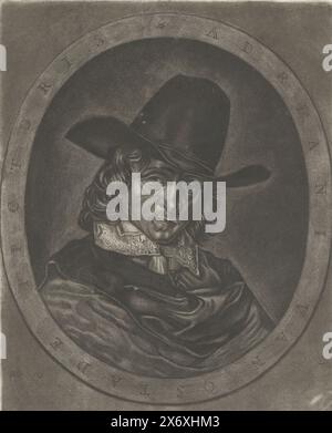 Porträt von Adriaen van Ostade, der Maler trägt einen Hut. In einem ovalen Rahmen eine Randbeschriftung mit Namen und Beruf der dargestellten Person. Dieser Druck ist Teil eines Albums., Druck, Druckerei: Jacob Gole, (auf dem Objekt erwähnt), Druckerei: Anonym, nach Zeichnung von: Adriaen van Ostade, (auf dem Objekt erwähnt), Druckerei: Amsterdam, nach Zeichnung von: Haarlem, Verlag: Amsterdam, 1670 - 1724 und/oder 1846 - 1853, Papier, Ätzen, Höhe, 228 mm x Breite, 173 mm, Höhe, 350 mm x Breite, 262 mm Stockfoto