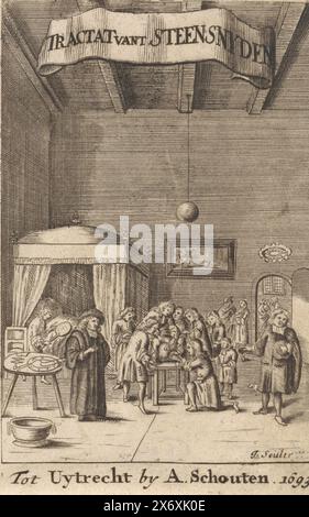 Operation im Krankenzimmer, Titelseite für F. Tolet, Tractaat vande Lithotomia (...), 1693, Tractat vant Steen Snyden (Titel über Objekt), Eine Gruppe von Menschen beobachtet, wie ein Patient, an einen Tisch gebunden, aus seinen Blasensteinen befreit wird. Das Betriebsmaterial ist auf einem anderen Tisch bereit. Im Hintergrund ein Himmelbett., Druck, Druckerei: J. Seuler, (erwähnt auf Objekt), Verlag: Anthony Schouten, (erwähnt auf Objekt), Druckerei: Nordholland, Verlag: Utrecht, 1693, Papier, Ätzen, Gravur, Höhe, 137 mm x Breite, 806 mm Stockfoto