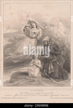 Peri bietet dem Himmel eine Träne eines bereuten Sünders, La Peri pour Gage de Son Returns (...) (Titel auf Objekt), Lithographisches Album 1833 (Titel der Serie), Album Lithographié (Titel der Serie), Peri, ein persischer geflügelter Geist, wurde aus dem Himmel vertrieben. Sie kann zurückkehren, wenn sie dem Himmel etwas sehr kostbares anbietet: Die Träne eines bereuten Sünders. Sie nahm diese Träne von der Wange des Sultans, der bereut, als er ein kleines Kind beten sieht., Druck, Druckerei: Achille Devéria, (auf dem Gegenstand erwähnt), Drucker: Gihaut frères, (auf dem Gegenstand erwähnt), Verlag: Gihaut frères, (im Objekt erwähnt), drucken Stockfoto