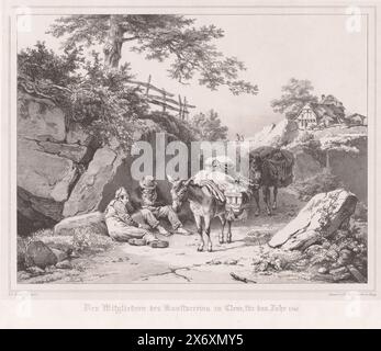 Zwei ruhende Männer mit ihren Eseln, den Mitgliedern des Kunstvereins zu Cleve, für das Jahr 1846, die Männer sitzen am Straßenrand. Weiter auf einem Bauernhof., Druck, Druckerei: Barend Cornelis Koekkoek, Drucker: Jan Dam Steuerwald, Druckerei: Cleves, Drucker: Den Haag, 1846, Papier, Höhe, 410 mm x Breite, 520 mm Stockfoto