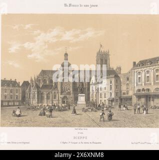 Blick auf die Saint-Jacques-Kirche und die Duquesne-Statue in Dieppe, Dieppe. l'Eglise St. Jacques et la Statue de Duquesne (Titel zum Objekt), zeitgenössisches Frankreich (Titel der Serie), La France de nos jours (Titel der Serie zum Objekt), Druck, Druckerei: Isodore-Laurent Deroy, (auf dem Objekt erwähnt), nach Zeichnung von Isodore-Laurent Deroy, (auf dem Objekt erwähnt), Drucker: Frick frères, Druckerei: Paris, nach Zeichnung von: Dieppe, Drucker: Paris, Verlag: Paris, 1861 - 1872, Papier, Höhe, 290 mm x Breite, 434 mm Stockfoto