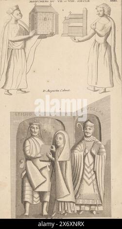 Verschiedene Figuren, darunter Saint Odilia, die ein Buch erhalten, Druck, Druckerei: Dominique Sornique, (zugeschrieben), Verlag: Pierre Francois Giffart, Verlag: Julien-Michel Gandouin, Paris, 1729 - 1733, Papier, Gravur, Ätzen, Höhe, 324 mm x Breite, 184 mm Stockfoto