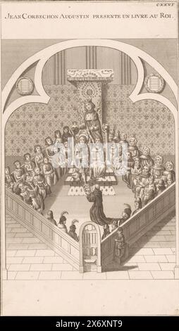 Augustiner Mönch präsentiert ein Buch an König Karl V., Druck, Druckerei: Dominique Sornique, (zugeschrieben), Verlag: Pierre Francois Giffart, Verlag: Julien-Michel Gandouin, Paris, 1729–1733, Papier, Gravur, Ätzen, Höhe, 328 mm x Breite, 190 mm Stockfoto