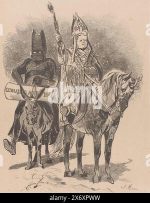 Cartoon über Verfassungsänderungen im Jahr 1885, St. Nikolaus in den Niederlanden (Titel über Objekt), das Kabinett von Jan Heemskerk AZN, hier als Sinterklaas dargestellt, machte eine Reihe von Vorschlägen zur Revision der Verfassung im Jahr 1885, ließ aber die Bildung unberührt. Das war für die Katholiken und Antirevolutionäre in diesem Saal inakzeptabel, und sie drohten daher, gegen alle Vorschläge zu stimmen, es sei denn, es gäbe einen Vorschlag zu Artikel 194. Dies wurde als "politische Brigandage" bezeichnet. Neben Van Heemskerk AZN. Herman Schaepman, gekleidet als Straßenmann, sitzt auf einem Esel mit artikel 194 in Stockfoto