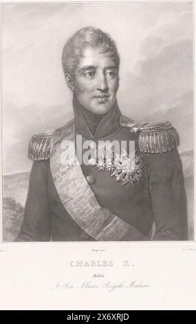 Porträt von Karl X. von Frankreich, Charles, Druck, Druckerei: Nicolas Henri Jacob, (auf dem Objekt erwähnt), nach Malerei von: Georges Rouget, (auf dem Objekt erwähnt), Marie Thérèse Charlotte van Frankrijk, (auf dem Objekt erwähnt), Paris, 1825, Papier, Höhe, 531 mm x Breite, 376 mm Stockfoto