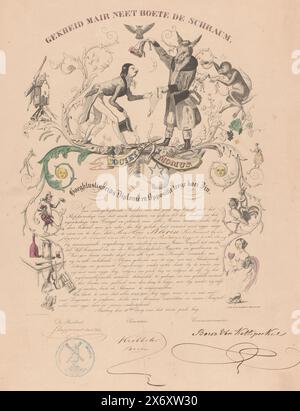 Mitgliedschaftsurkunde von Réné Alexandre Louis Pélerin, Sociëteit Momus, Mann mit Eselkopf Hände eines verbeugenden Mannes Zertifikat, Gekheid mair neet Fine de schraum / Societeit Momus (Titel zum Objekt), ein Mann mit Eselkopf und Narrenstange gibt dem sich verbeugenden Mann vor ihm ein Zertifikat. In seiner rechten Hand hält er einen Narrenhut. Der sich verbeugende Mann zieht seinen Hut ab. Das Paar steht in einem Zierrahmen mit einer Mühle, einem Affen, einem Narren, Masken, einem Kaninchen auf einem Hahn, Musikinstrumenten und einer Frau mit einer Maske in der Hand. Unten ein Text in limburgischem Dialekt, signiert von Stockfoto