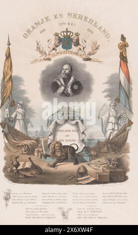 Allegorie zum 25. Jahrestag der Regierungszeit von König Willem III. Am 12. Mai 1874. König Willem III. Ist in der Mitte dargestellt, flankiert von zwei Figuren mit einer orangen und niederländischen Flagge. Darunter befindet sich ein Denkmal mit der Krone, Hermelin-Mantel, einem Löwen mit Schwert und Pfeilen und verschiedenen Attributen, die sich auf Krieg, Handel, Wissenschaft und Wohlstand beziehen. Darunter ein Gedicht., Druck, Druckerei: Johannes Hermanus van der Heijden, (auf dem Objekt erwähnt), Drucker: Frederik Böger, (auf dem Gegenstand erwähnt), Verlag: Frederik Böger, (erwähnt auf dem Objekt), Druckerei: Niederlande, Drucker: Dordrecht, Verlag: Dordrecht, 1846 Stockfoto