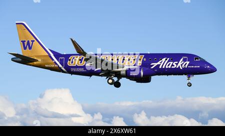 Everett, WA, USA – 21. Februar 2024; Alaska Airlines Horizon Air Embraer ERJ175 in der Lackierung von GO Dawgs University of Washington, Registrierung N662QX Stockfoto