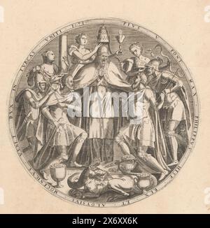 Allianz von Papst Pius V., Philipp II. Und Doge Mocenigo gegen die Türken, 1571, Runde Vertretung, in der Papst Pius V. am 20. Mai 1571 eine Allianz mit dem spanischen König Philipp II. Und dem venezianischen Dogen Alvise I. Mocenigo schließt, um gemeinsam gegen die Türken zu kämpfen. Im Hintergrund die Personifizierungen von Fortitude, Faith und Prudence. Im Vordergrund ein Drache (die Türken) zwischen drei Töpfen mit Münzen. Randbeschriftung mit Latein. Ein Text mit Details der Allianz, in Niederländisch, wird unter dem Druck eingefügt., Print, Print Maker: Anonym, Niederlande, 1571, Papier, Gravur, Buchdruck Stockfoto