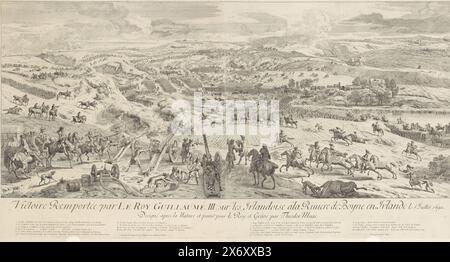 Schlacht von Drogheda am Boyne, 1. Juli 1690, Victoire Remportée par Le Roy Guillaume III. Sur les Iralandoise Ala Riviere de Boyne en Irlande le 1e Juillet 1690 (Titel zum Gegenstand), Darstellung auf zwei losen Blättern der Schlacht am Fluss Boyne am 11. Juli 1690, in dem die Armee Wilhelms III. einen Sieg über die Katholiken unter Jakob II. errang, indem sie Kanonen und Reiter im Vordergrund abfeuerte, Drogheda im Abstand links. In der Bildunterschrift die Legenden 1-16 und A-K auf Französisch und Englisch., Druck, Druckerei: Dirk Maas, (erwähnt auf Objekt), nach eigenem Entwurf von: Dirk Maas, (erwähnt auf Stockfoto