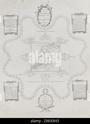 Karte der Batavischen Republik, 1799, Karte der Batavischen Republik. Republik unterteilt in Abteilungen und Ringe (...) durch Veröffentlichung vom 14. Mai 1799 (Titel zum Gegenstand), Karte der Aufteilung der Batavischen Republik in Abteilungen und Ringe, gemäß der Verfassung durch Veröffentlichung des Exekutivrats vom 17. November 1798, und in Bezirken gemäß der Veröffentlichung vom 14. Mai 1799. Mit Kartuschen mit Widmung, Gebrauchsanweisung und zwei Botschaften. Signiert von Ondaatje unten an der Adresse., Druck, Druckerei: Cornelis van Baarsel, (auf dem Objekt erwähnt), Pieter Philip Stockfoto