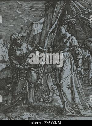 Judith mit dem Kopf des Holofernes steckt den Kopf des Holofernes in die Tasche, die ihr Mädchen für sie offen hält. Hinter ihnen rechts, in seinem Zelt, der verstümmelte Körper von Holofernes., Druck, Druckerei: Anonym, nach Druck von: Christoffel van SiChem (I), nach Entwurf von: Hendrick Goltzius, (erwähnt auf Objekt), Druckerei: Niederlande, (möglicherweise), nach Druck von: Amsterdam, 1600 - 1610, Papier, Ätzung, Höhe, 133 mm x Breite, 102 mm Stockfoto