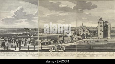 Belagerung von Haarlem, 1572–1573, Bild der Belagerung der Stadt Haerlem durch Don Frederico de Toledo, Sohn des Herzogs von Alva in den Jahren 1572 und 1573, auf der Nordseite der Stadt gesehen, vom Huys ter Kleef (Hauptquartier) über die Leprooshuys auf der Halve Maan, hinter der Bres, in den Stadtmauern, und die Befestigungen der Spanier, die aus dem damaligen Leben stammen (...), Vue du Siege de la ville de Haerlem von Don Frederic de Tolede, Fils du Duc d'Albe l'année 1572 & 1573 (...) (Titel über Objekt), Belagerung der Stadt Haarlem in den Jahren 1572-1573 durch die Spanier unter Fadrique Stockfoto