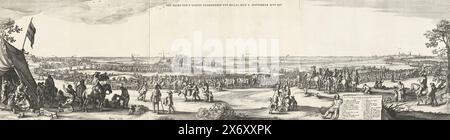 Exodus der spanischen Garnison aus Hulst, 1645, marsch der spanischen Guarnesoen aus Hulst, V. November MVICXLV (Titel auf Objekt), Exodus der spanischen Garnison aus Hulst, 1645. Hulst wurde ab dem 28. September von der niederländischen Armee unter Frederik Hendrik belagert und am 5. November 1645 eingenommen. Darstellung bestehend aus drei Blättern. Im Vordergrund stehen niederländische Soldaten, im Hintergrund die Prozession mit Güterwagen, Fußsoldaten und Reitern. Vielleicht Teil eines nicht zusammengesetzten Ensembles, bestehend aus den beiden Karten, dem Profil, dem Blatt mit den sechs Forts, den drei Blättern des Exodus Stockfoto