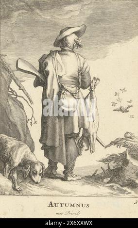 Herbst, die vier Staffeln (Serientitel), Autumnus (Titel auf Objekt), Ein Jäger, von hinten gesehen, mit Gewehr, Tasche und einem Schussspiel auf dem Heimweg., Druck, Druckerei: Frederick Bloemaert, nach dem Malen von: Abraham Bloemaert, Verlag: Nicolaes Visscher (I), Druckerei: Utrecht, Verlag: Amsterdam, 1632 - 1670, Papier, Gravur, Ätzen, Höhe, 165 mm x Breite, 110 mm Stockfoto