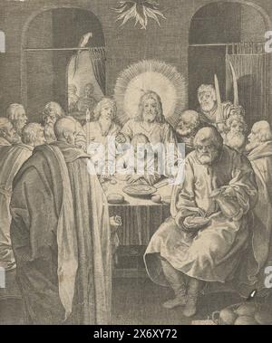 Last Abendmahl, The Passion (Titel der Serie), Christ nimmt das letzte Abendmahl mit seinen Jüngern., Druck, Druckerei: Nicolaes de Bruyn, nach eigenem Entwurf von: Nicolaes de Bruyn, Hendrick Goltzius, Niederlande, 1618, Papier, Gravur, Höhe, 160 mm x Breite, 130 mm Stockfoto