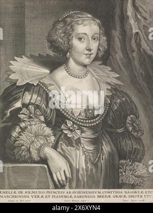 Porträt von Amalia van Solms, Emeliae de Solms, D.G. Princeps Aravsionensivm (...) (Titel über Objekt), Porträt von Amalia. Zwei Zeilen lateinischer Text am unteren Rand., Druck, Druckerei: Coenraet Waumans, (auf Objekt erwähnt), nach Malerei von: Anthony van Dyck, (auf Objekt erwähnt), Verlag: Joannes Meyssens, (auf Objekt erwähnt), Druckerei: Südholland, Verlag: Antwerpen, ca. 1640 - ca. 1641, Papier, Gravur, Höhe, 256 mm x Breite, 198 mm Stockfoto