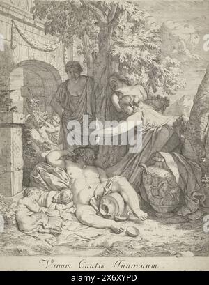 Der betrunkene Silenus, Vinum Cautis Innocuum, Silenus, der Lehrer von Bacchus, liegt betrunken unter einem Baum. Unter seinem linken Bein liegt ein Weinglas, und zwei betrunkene Satyrkinder schlafen neben ihm. Drei Frauen sehen Silenus verspottet an, die richtige Frau legt ihm einen Haufen Trauben auf den Kopf. Anhänger eines von Kindern umgebenen Bacchante., Druck, Druckerei: Gerard de Lairesse, (auf dem Objekt erwähnt), nach Malerei von Gerard de Lairesse, (auf dem Objekt erwähnt), Verlag: Gerard de Lairesse, (auf dem Objekt erwähnt), 1670 - 1675, Papier, Radierung, Höhe, 386 mm x Breite, 301 mm Stockfoto