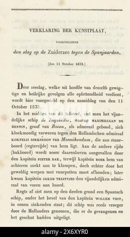 Erläuterung der Darstellung der Schlacht auf der Zuiderzee, Erläuterung der Kunstplatte, Darstellung der Schlacht auf der Zuiderzee gegen die Spanier (Titel auf Objekt), auf der Rückseite und auf der Rückseite der Seite ein Text in Buchdruck über den Druck mit dem Thema der Schlacht auf der Zuiderzee von Druckmacher Walraad Nieuwhoff., Textblatt, anonym, 1800 - 1837, Papier, Buchdruck, Höhe, 210 mm x Breite, 116 mm Stockfoto