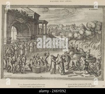 Martyrium von sieben Brüdern, Majores sexu animi (Titel auf Objekt), Emblemata Sacra è praecipuis utriusque testamenti historiis concinnata (Titel der Serie), Imagines et figurae bibliorum (Titel der Serie), Martyrium von sieben Brüdern im Auftrag von König Antiochus, weil sie sich weigerte, Schweinefleisch zu essen. Im Vordergrund hat einem der Söhne die Hände abgeschnitten. Zwei weitere Brüder folgen hinter ihm. Rechts vier Kessel, in denen die anderen vier Brüder lebendig gebraten werden. Eine große Menschenmenge beobachtet von und unter einem Stadttor (2. MACC. 7:1). Mit einem lateinischen Motto über dem Bild und einer vierzeiligen Zeile Stockfoto
