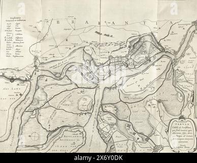 Forts on the Eastern and Western Schelde, 1627, Tabula castelli ad Sandflitam, qua simul inundati agri, alluviones, Fossae, alvei, quae Bergas ad Zomam et Antverpiam interjacent, annotantur (Titel über Objekt), Karte der Forts on the Eastern and Western Schelde und um Zandvliet, 1627. Vielleicht im Zusammenhang mit dem Angriff von Spinola auf Zuid-Beveland, September 1627. Oben links die Übersetzung der Begriffe Niederländisch - Lateinisch. Unten rechts eine Kartusche mit dem Titel. Ein Teil der Platten, die den Bericht über die Belagerung und Eroberung Grols durch die Staatsarmee unter Friedrich Hendrik vom 6. Juli bis 19. August 1627 begleiten Stockfoto