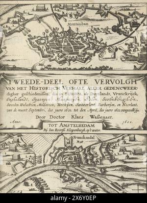 Titelseite der Historischen Geschichte, Band 1 (Band 2), 1621-1622, zweiter Teil oder Fortsetzung der Historischen Geschichte aller modernen Geschichten, die hier in Europa aufgezeichnet werden, wie Duytschlandt, Vranckrijck, Enghelandt, Spanien, Ungarn, Polen, (. ..) Neerlant, vom September, dem Jahr 1621, bis zum April, dem Jahr 1622. Vorkommen[n] syn. (Titel über Objekt), Titelseite der Historischen Geschichte, Band 1 (Band 2), 1621-1622. Titelseite mit zwei Szenen. Oberhalb der Belagerung von Montauban, unterhalb der Belagerung von Frankenthal in Schwaben 1621. In der Mitte eine Leinwand mit dem Titel. Drucken, drucken Stockfoto