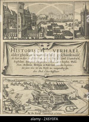 Titelseite der Historischen Geschichte, Band 1 (Band 1), 1621, Historische Geschichte aller jüngsten Geschichten, die hier und dort in Europa, wie in Duijtschlant, Vranckrijck, Enghelant, Spanien, Ungarn, Polen, (...) Neder-lant, vom Anfang des Jahres 1621: bis zum Herbst, Syn. (Titel über Objekt), Titelseite der Historischen Geschichte, Band 1 (Band 1), 1621. Titelseite mit zwei Szenen. Über einem Luftphänomen während der Hinrichtung der böhmischen Rebellen in Prag am 21. Juni 1621. Unter der Belagerung von Neuhäusel, bei der der Graf von Bucquoy getötet wurde, am 3. Juli 1621. In der Mitte A Stockfoto