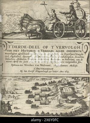 Titelseite der Historischen Geschichte, Band 1 (Band 3), 1621-1622, der dritte Teil oder die Fortsetzung der Historischen Geschichte aller guten Geschichte der Geschichte, die in Europa, wie Duytslant, Vranckrijck, Enghelant, Spanien, Ungarn, Polen, (...) Niederlande, vom April des Jahres 1622 bis Oktober 1622. (Titel über Objekt), Titelseite der Historischen Geschichte, Band 1 (Band 3), 1621-1622. Titelseite mit zwei Szenen. Oberhalb einer allegorischen Szene mit Prinz Maurits in seinem Triumphwagen nach dem Relief von Bergen op Zoom 1622 und unterhalb der Schlacht von Fleurus (1622) Stockfoto