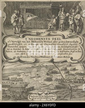 Titelseite der historischen Geschichte, Band 3 (Band 9), 1625, der letzte Teil oder die Fortsetzung der historischen Geschichte aller denkwürdigen Geschichten, die in Europa, wie Duytschlant, Vranckrijck, Engelant (...) Niederländisch: in Asien (...) in Afrika (...) in Amerika (...) von April 1625 bis Oktober, Veranstaltungen syn (Titel über Objekt), Titelseite der Historischen Geschichte, Band 3 (Band 9), 1625. Titelseite mit zwei Szenen. Über dem Sterbebett von Prinz Maurits, 23. April 1625. Während der Entlastung Neuburgs durch den Grafen von Tilly. In der Mitte eine Kartusche mit dem Titel., Druck, Druckmaschine Stockfoto