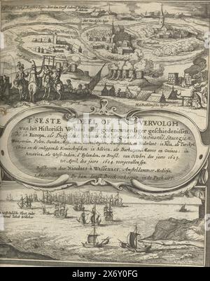 Titelseite der Historischen Geschichte, Band 2 (Band 6), 1624, der letzte Teil oder 't Vervolgh der Historischen Geschichte der denkwürdigeren Geschichten, die in Europa als Duijtslant, Vranckrijck, Engelant (...) Niederländisch: in Asien (...) in Afrika (...) in Amerika von Octobri des jaers 1623 bis April, des jaers 1624. Happy syn (Titel über Objekt), Titelseite der Historischen Geschichte, Band 2 (Band 6), 1624. Titelseite mit zwei Darbietungen. Oben kämpften die Ungarn unter Gabriel Bethlen und die kaiserlichen Truppen bei Göttingen. Unter Admiral Jacob Willekens. Im Stockfoto