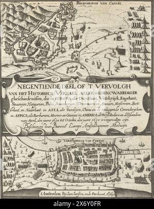 Titelseite der Historischen Geschichte, Band 7 (Band 19), 1630, der neunzehnte Teil oder die Fortsetzung der Historischen Geschichte der denkwürdigeren Geschichten, die in Europa, wie Duytslant, VRA[n]ckrijck, Engelant (...) Nederlant : in Asia (...) in Africa (...) in America (...) von April 1630 bis Oktober 1630 (Titel über Objekt), Titelseite der Historischen Geschichte, Band 7 ( Band 19), 1630. Titelseite mit zwei Szenen. Über der Belagerung von Kassel. Unter der Eroberung von Stettin. In der Mitte eine Kartusche mit dem Titel., Druck, Druckerei: Anonym, Verlag: Johannes Janssonius, (erwähnt auf Stockfoto