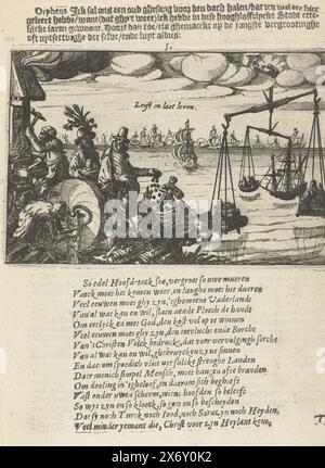 Orpheus zeigt den Wohlstand von Amsterdam, 1625, Orpheus zeigt den Wohlstand von Amsterdam. Links eine Schmiede, ein Mühlstein, Händler und Kanonen. Richtige Waage in der Hand Gottes. In den Fernseh-Schiffen auf See., Print, Print Maker: Anonym, Nord-Niederlande, 1625, Papier, Ätzen, Buchdruck, Höhe, 85 mm x Breite, 130 mm, Höhe, 185 mm x Breite, 135 mm Stockfoto