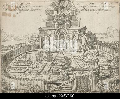 Titelseite der Broschüre Merckt de Wysheit vermaert vant Hollandsche huyshouwen en siet des luypaerts aert die Not be Trusted, 1615, Titelseite der Broschüre mit dem Vers auf dem Titeldruck: Merckt de Wysheit vermaert vant Hollandsche huyshouwen en siet des luypaerts aert die Not be Trust, 1615. Allegorie über die Unzuverlässigkeit Spaniens und die Freiheit und den Wohlstand der sieben Provinzen, vertreten durch den niederländischen Garten. Die niederländische Jungfrau sitzt auf einem Thron im niederländischen Garten, verteidigt am Zaun vom niederländischen Löwen, mit Prinz Maurits auf der linken Seite. Hinter ihr ist eine Fassade mit Stockfoto
