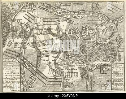 Schlacht von Malplaquet, 1709, Karte der Schlacht von Malplaquet, wo die Franzosen von den Alliierten besiegt wurden, 11. September 1709. Illustration in der niederländischen Übersetzung von 1716 von J. Lamigue, Het leven van Zyne Hoogheit Johan Willem Friso, Vol. II, S. 142/143., Druck, Druckerei: Matthijs Pool, (evtl.), nach Zeichnung von: Gillius Brakel, (auf dem Gegenstand erwähnt), Verlag: Johannes van Oosterwyk, Druckerei: Nordholland, Verlag: Amsterdam, 1714 - 1716, Papier, Ätzen, Höhe, 148 mm x Breite, 202 mm Stockfoto