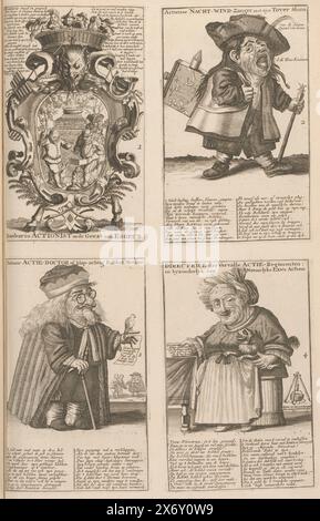 Blatt mit Karikaturen von kleinen Menschen im Windhandel, 1720, Bombario Actionist und der Geist von Esopus, Actieuse Nacht-Wind-Sanger mit seinen Tover Slons, Nature Action-Doctor oder klatschähnlicher Bobbel Master, Direktor der verfallenen Action Regimenter; und vor allem von Natuurlyke Lawe Actien (Titel über Objekt), Het Groote Tafereel der Torheit (Serientitel), Blatt mit Karikaturen kleiner Menschen im Windhandel. Vier separate Platten mit der Nummer 1-4 auf einem Blatt gedruckt. Platte 1: Emblem mit Bombario in einem Rahmen mit dem Teufel und den Ziegenbeinen, gekrönt von einem Korb voller Narren. Platte 2: Ein kleines Stockfoto