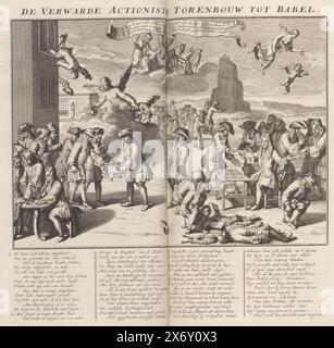 Confused Actionists and the Tower of Babel, 1720, The Confused Actionists Tower Building to Babel (Titel auf Objekt), The Great Scene of Torrishness (Titel der Serie), Cartoon on the Actionists and the Tower of Babel. John Law schreibt auf der linken Seite Aktien, während Windhändler sich an von den Engländern gebackenen Keksen schmecken. Die Händler bekommen Durchfall von diesen Kuchen, sie benutzen die wertlosen Aktien, um sich die Hinterhälter abzuwischen. In der Darstellung viele weitere Details mit Fortuna, der niederländischen Jungfrau, Hope usw. In der Bildunterschrift ein Vers in 4 Spalten, der die Figuren aus der Darstellung erklärt. Drucken Sie in der gebundenen ersten Ausgabe Stockfoto